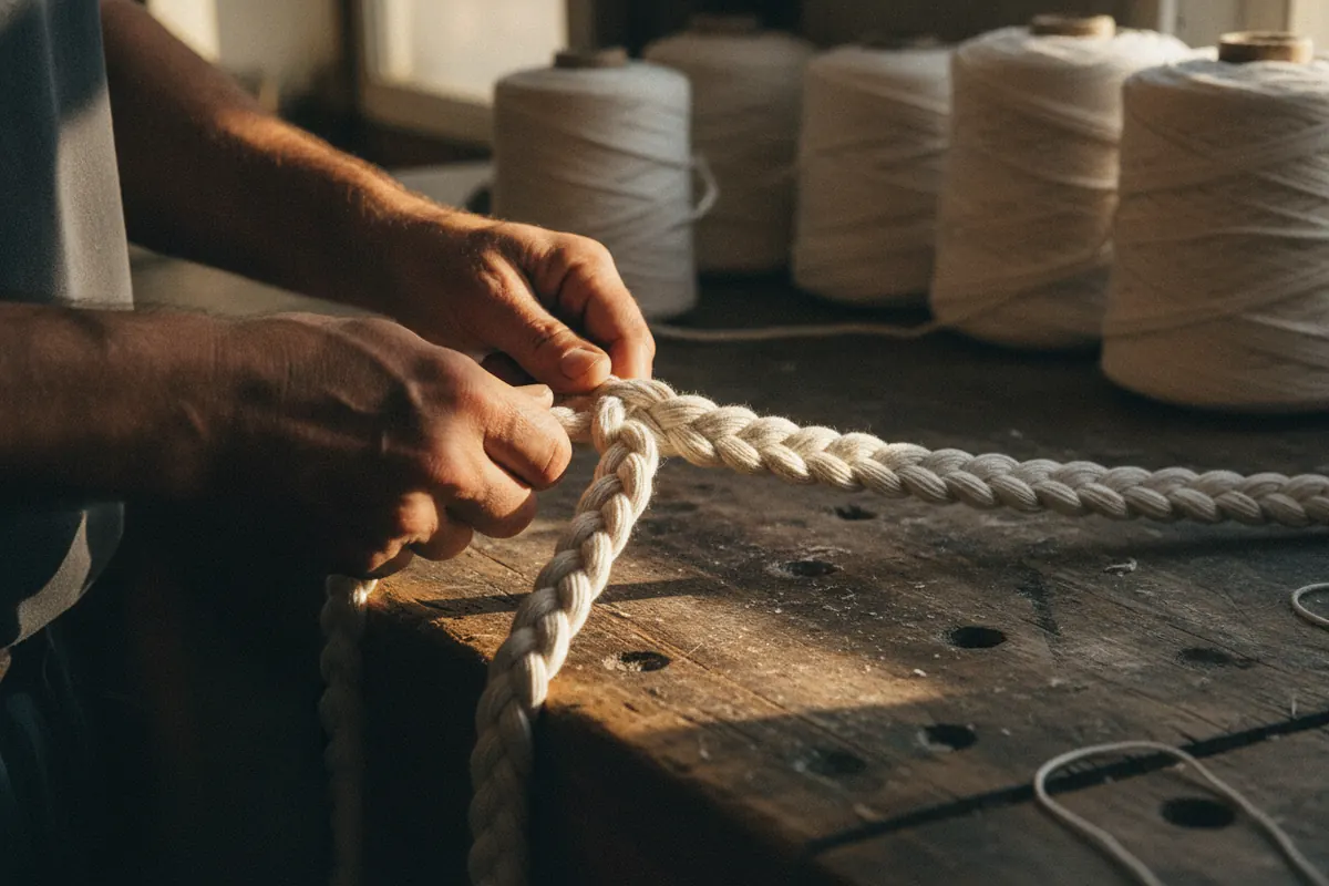 Hands braiding cotton rope at the plant in León